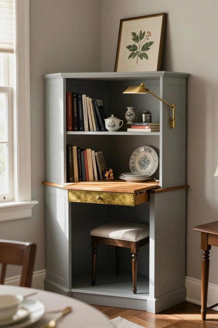 A gray painted built-in corner cabinet with a wooden pull-out desk surface, upper shelves holding books and plates, a brass wall lamp, and a small upholstered stool underneath.