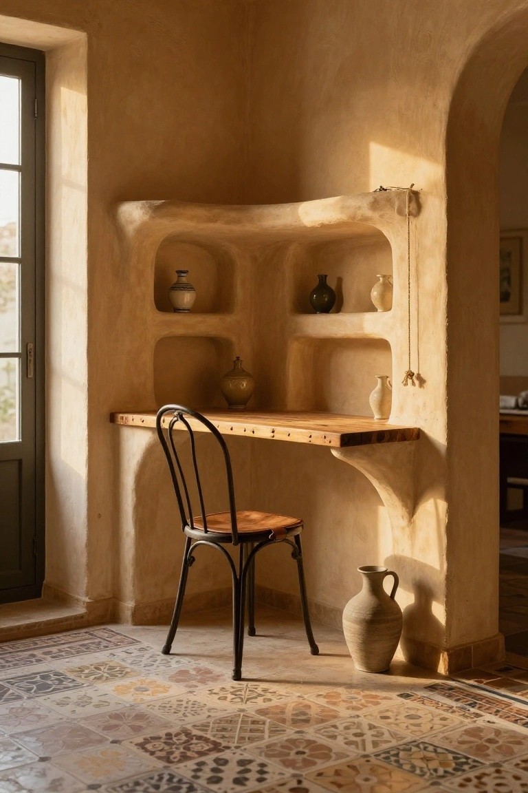 A wooden desk surface built into a plastered corner wall with multiple recessed shelves holding pottery and a metal chair pulled up to it.