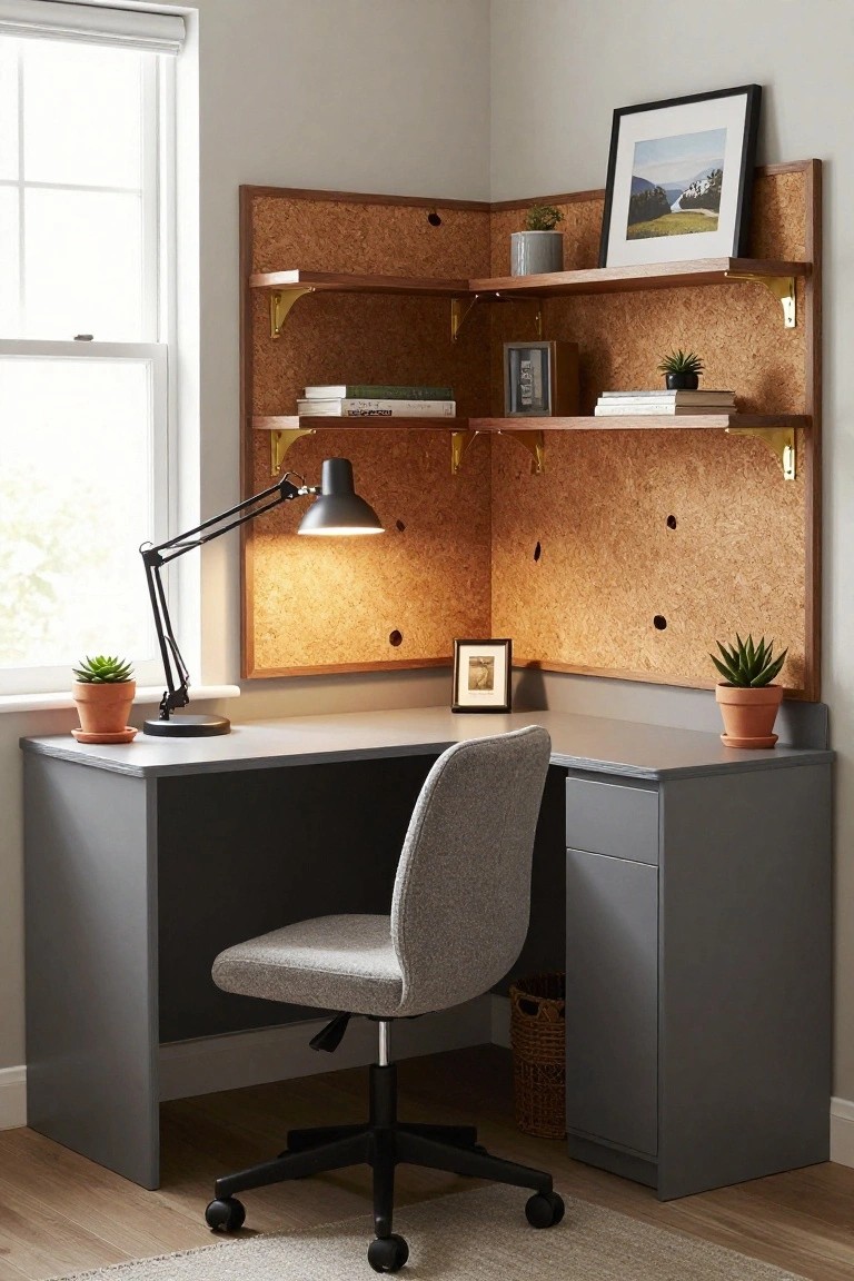 Corner desk with corkboard, shelves, lamp, and gray office chair.