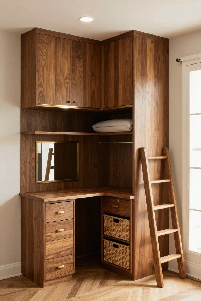 Corner wooden desk unit with cabinets, drawers, mirror, and leaning ladder.