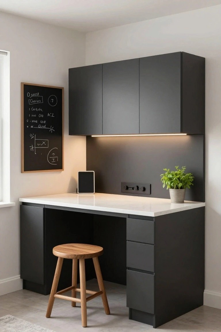 A modern built-in corner desk with dark gray cabinets, a white countertop, under-cabinet lighting, a wooden stool, and a chalkboard on the wall.