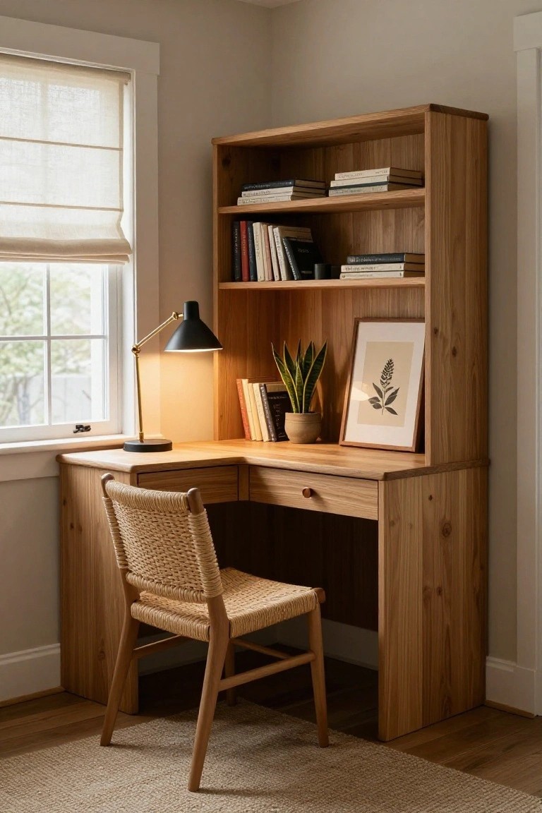 A wooden corner desk with built-in upper shelves holding books and a framed print, next to a window with a woven chair in front.