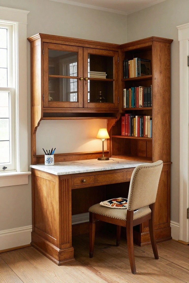 A wooden built-in corner desk with a marble top, upper glass cabinets, and open bookshelves beside a window in a room with wood floors.
