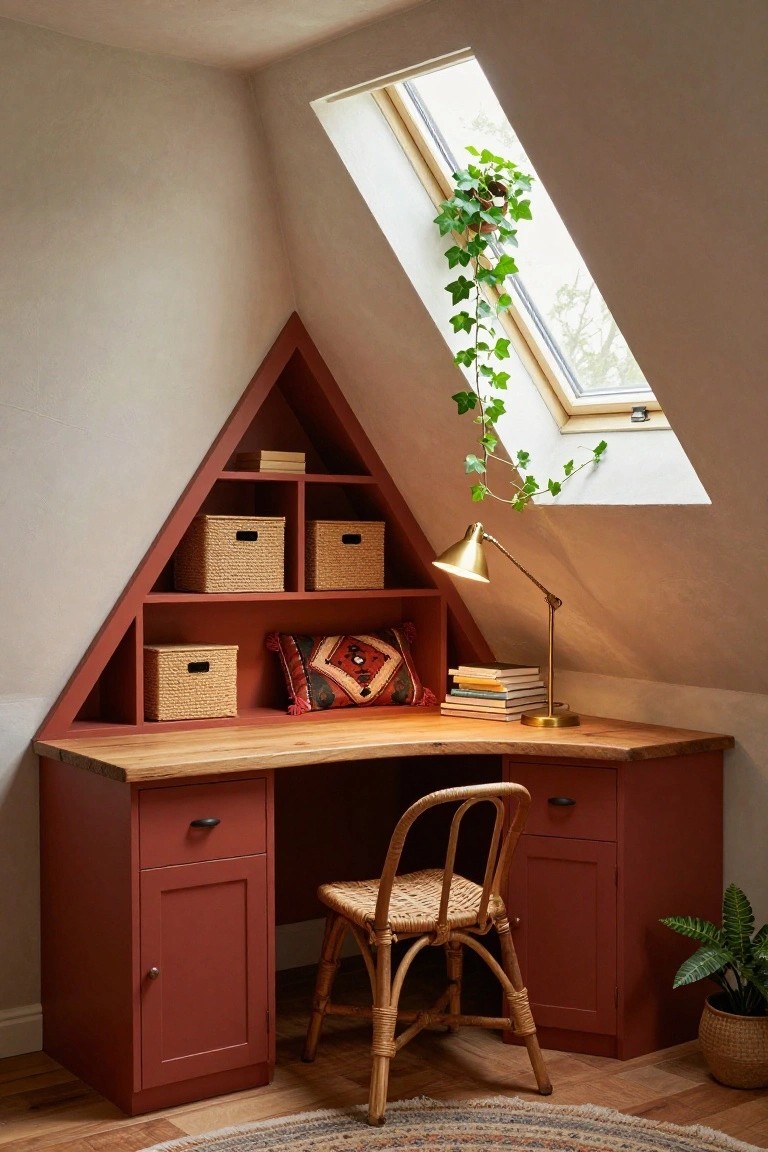 A red built-in corner desk with a wooden top and triangular open shelves fits under a sloped ceiling with a skylight, paired with a woven chair and brass desk lamp.