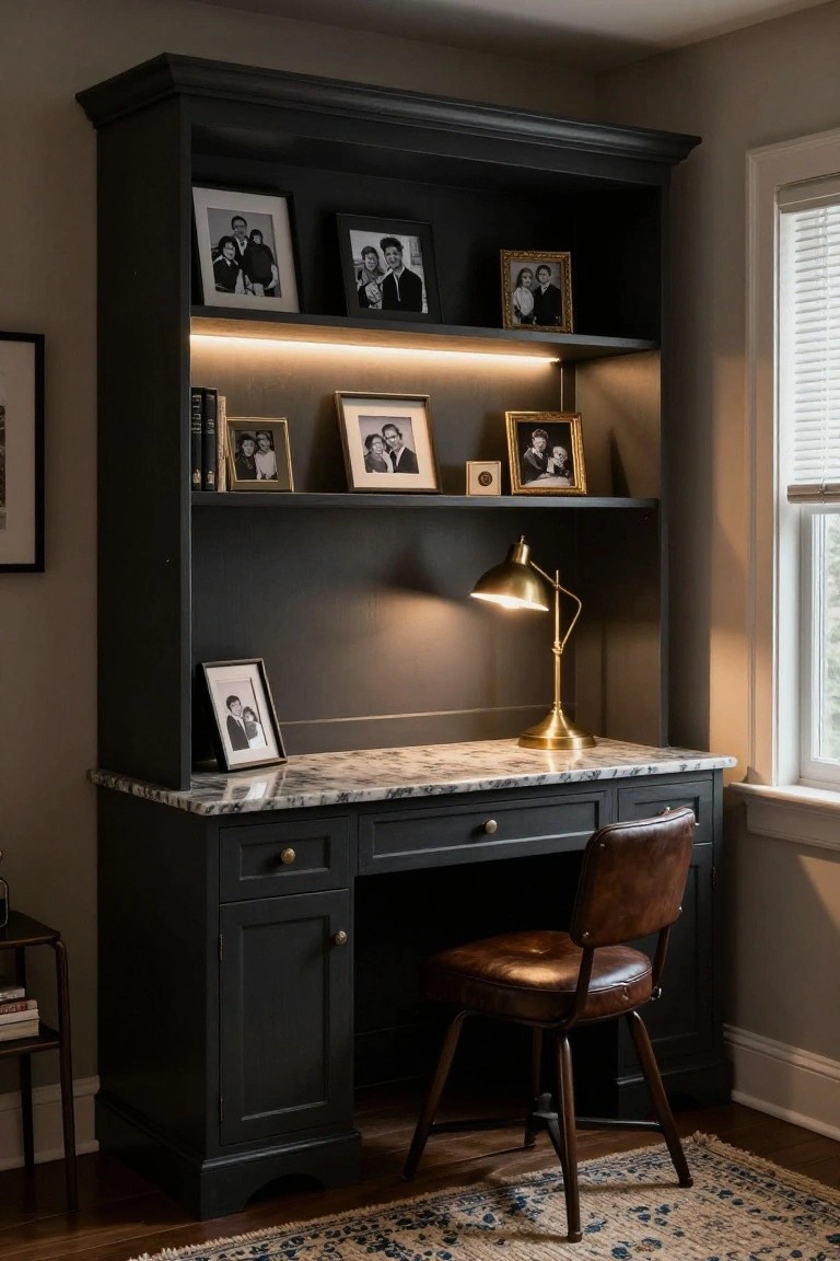 A dark built-in desk with marble top, overhead shelving with framed photos, under-shelf lighting, brass task lamp, and brown leather chair in a home office corner.
