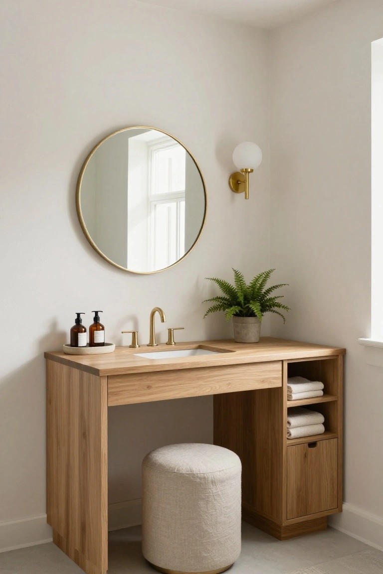 Modern bathroom vanity with light wood, round mirror, and gold fixtures.