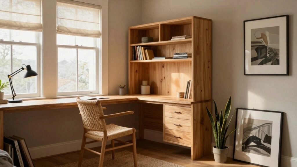A wooden corner desk with built-in upper shelves holding books and a framed print, next to a window with a woven chair in front.