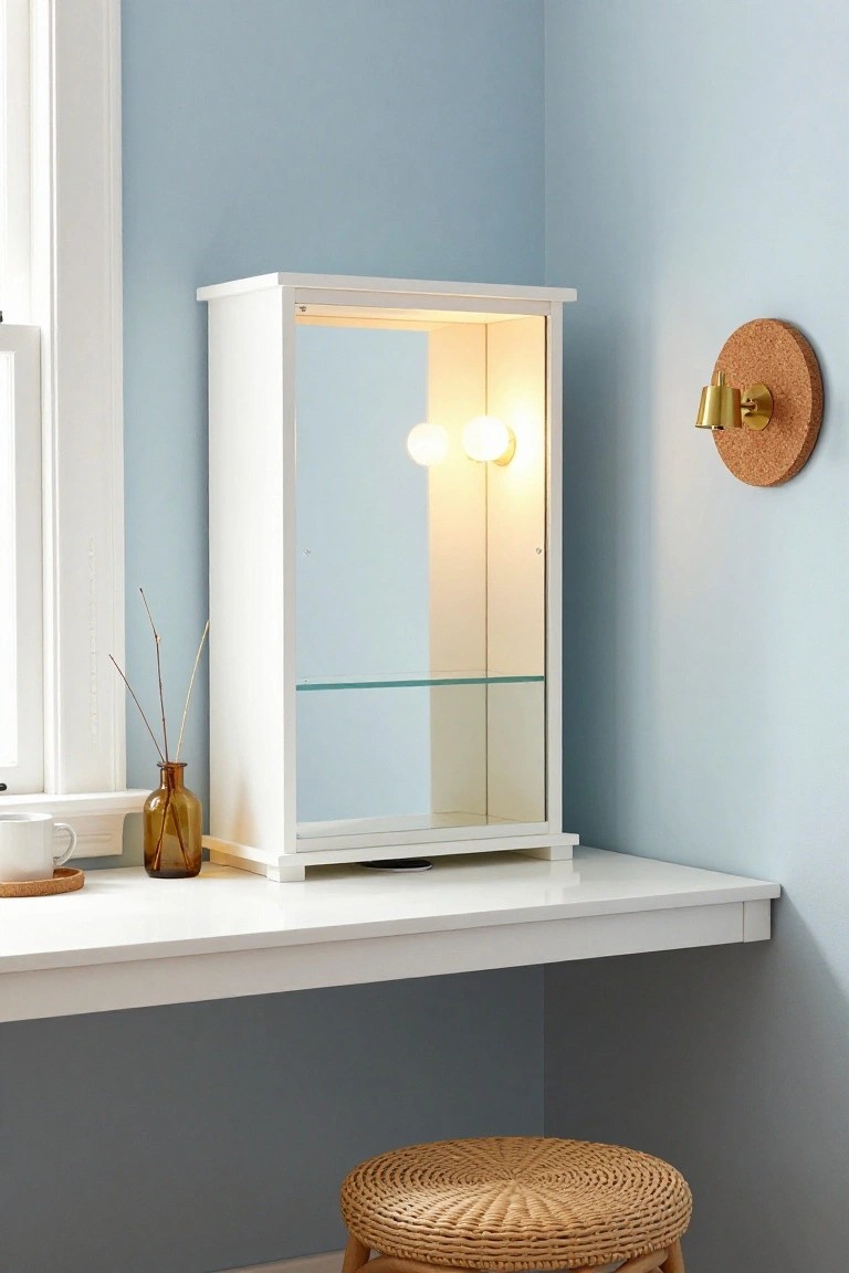 A white corner desk setup with a lighted glass-front cabinet above the surface against a light blue wall, and a round woven stool below.