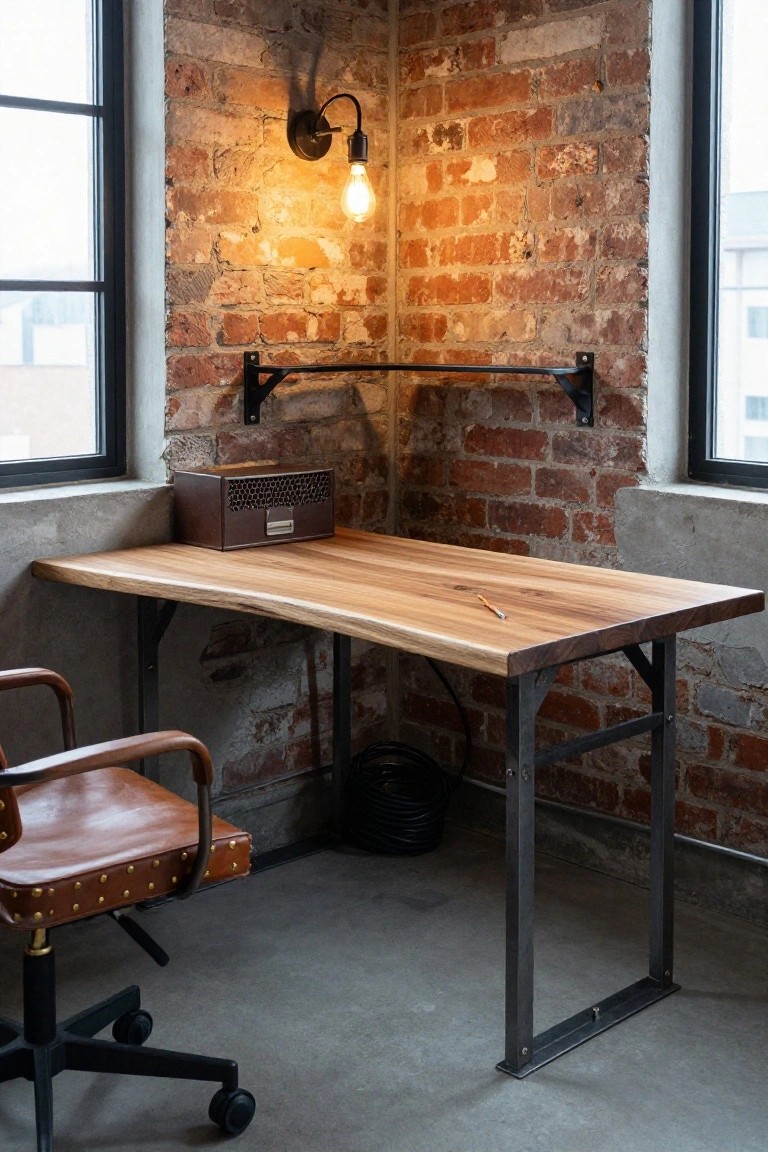 Industrial wooden desk with metal frame against exposed brick wall.