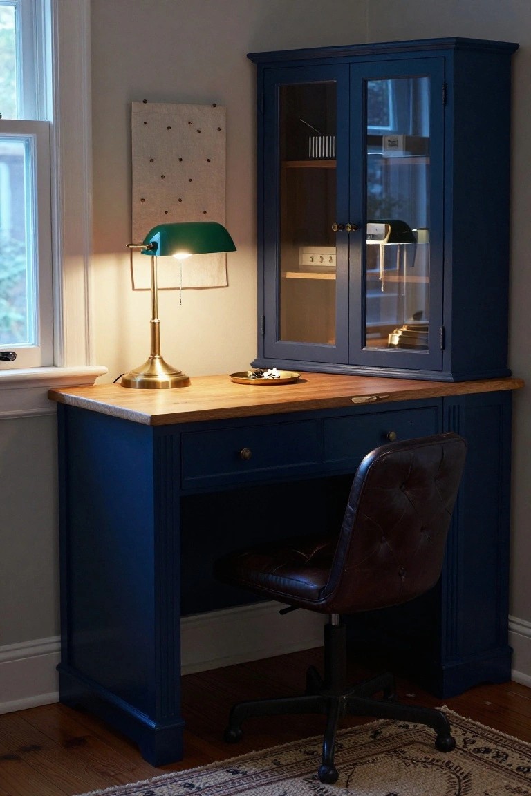 Blue desk with hutch, green lamp, brown leather chair, wooden floor.