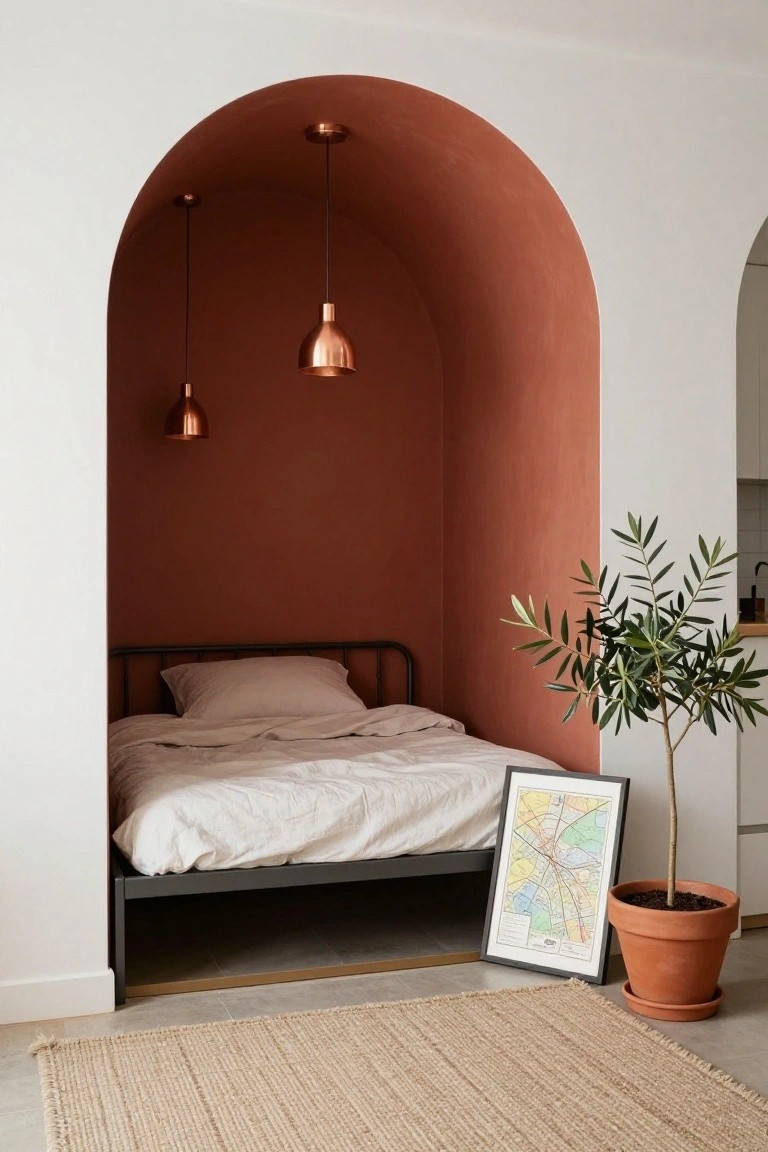 Black metal bed frame with white linens positioned in a terracotta-painted arched wall recess, lit by three copper pendant lights, with an olive tree in a terracotta pot, framed map, and beige rug nearby.
