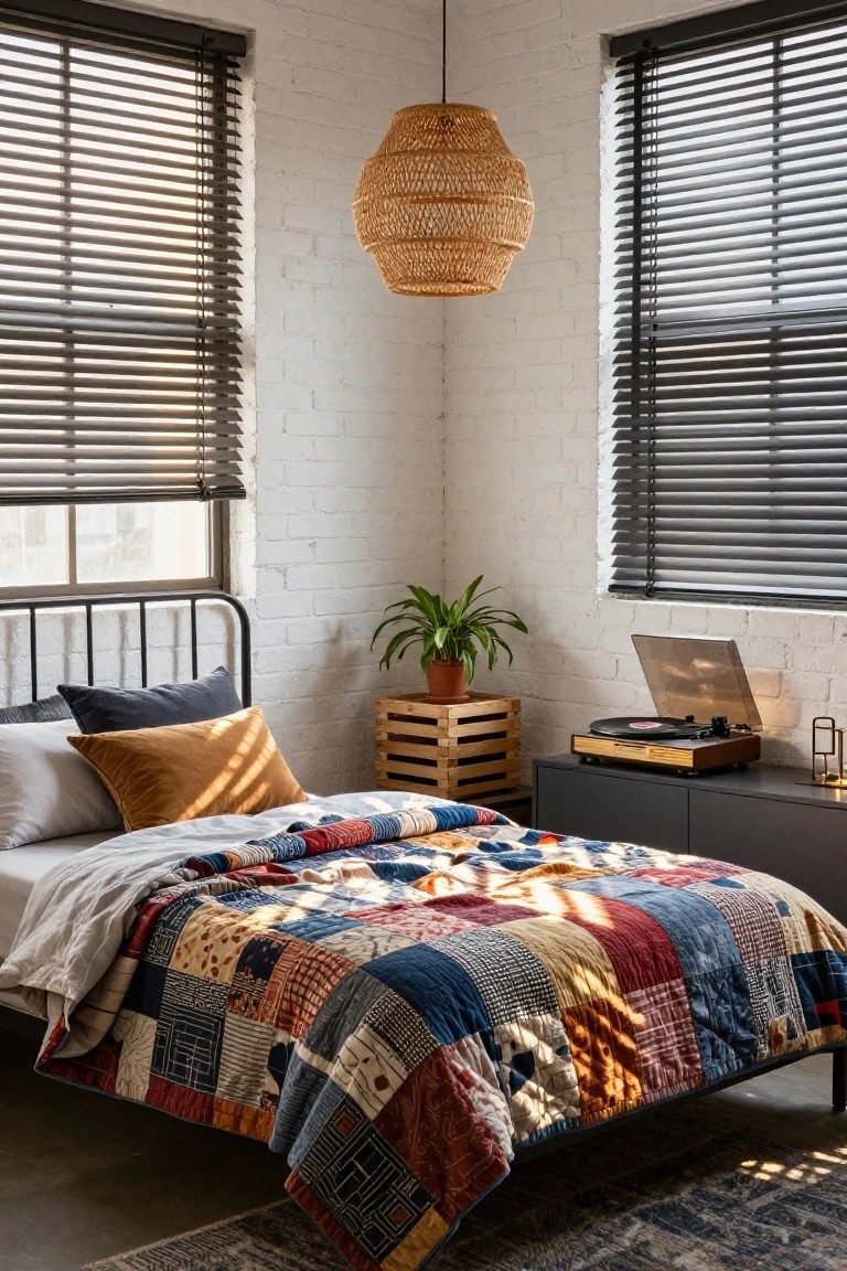Corner of a bedroom with black metal bed frame without headboard against exposed white brick wall, colorful patchwork quilt on bed, potted plant in wooden crate, record player on low dark dresser, rattan pendant light, and windows with dark blinds.