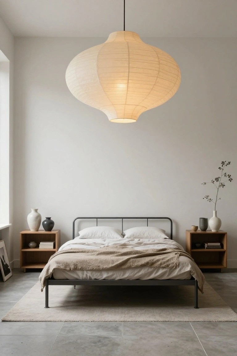 A minimalist bedroom with a black metal bed frame without headboard, white bedding, wooden nightstands holding vases and books, and a large white paper lantern pendant light hanging above.