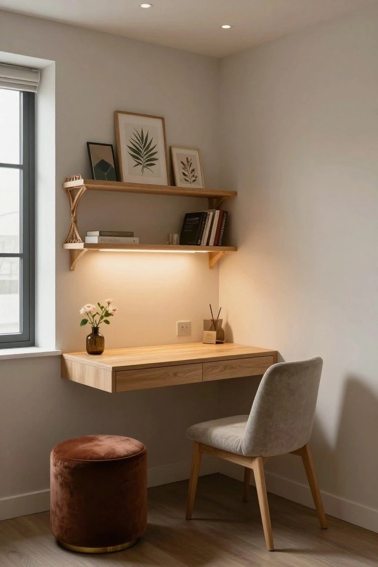 Corner indoor workspace with floating wooden desk, open wooden shelves above holding books and frames, LED strip lighting under shelves, gray upholstered chair, maroon velvet pouf, potted flowers on desk, next to a window with roller shade on light wood floor.