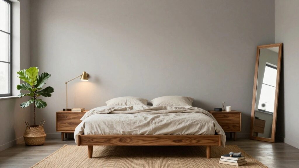Corner of a bedroom with low wooden platform bed without headboard, white linen bedding, wooden nightstand, gold wall lamp, full-length mirror, fiddle leaf fig plant in seagrass basket, seagrass rug, and gray walls.
