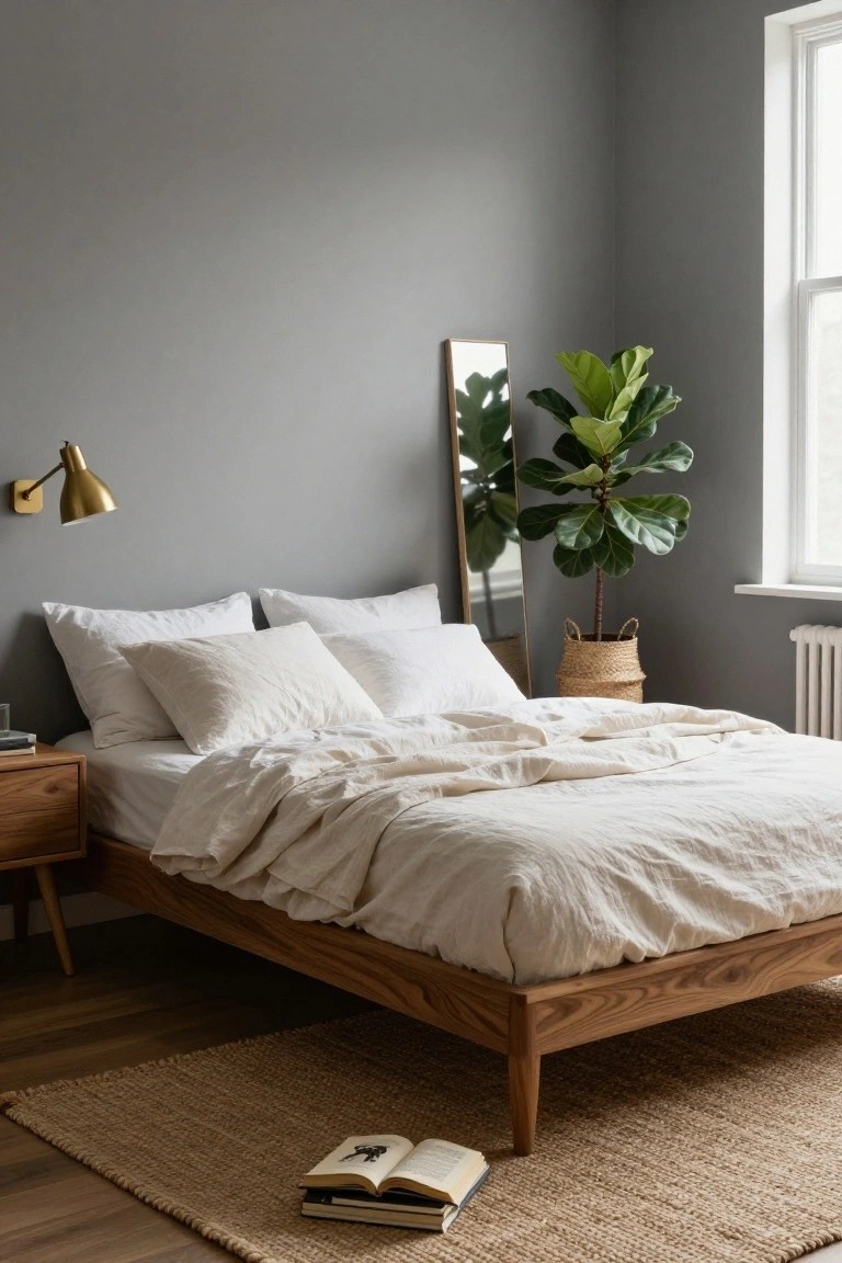Corner of a bedroom with low wooden platform bed without headboard, white linen bedding, wooden nightstand, gold wall lamp, full-length mirror, fiddle leaf fig plant in seagrass basket, seagrass rug, and gray walls.