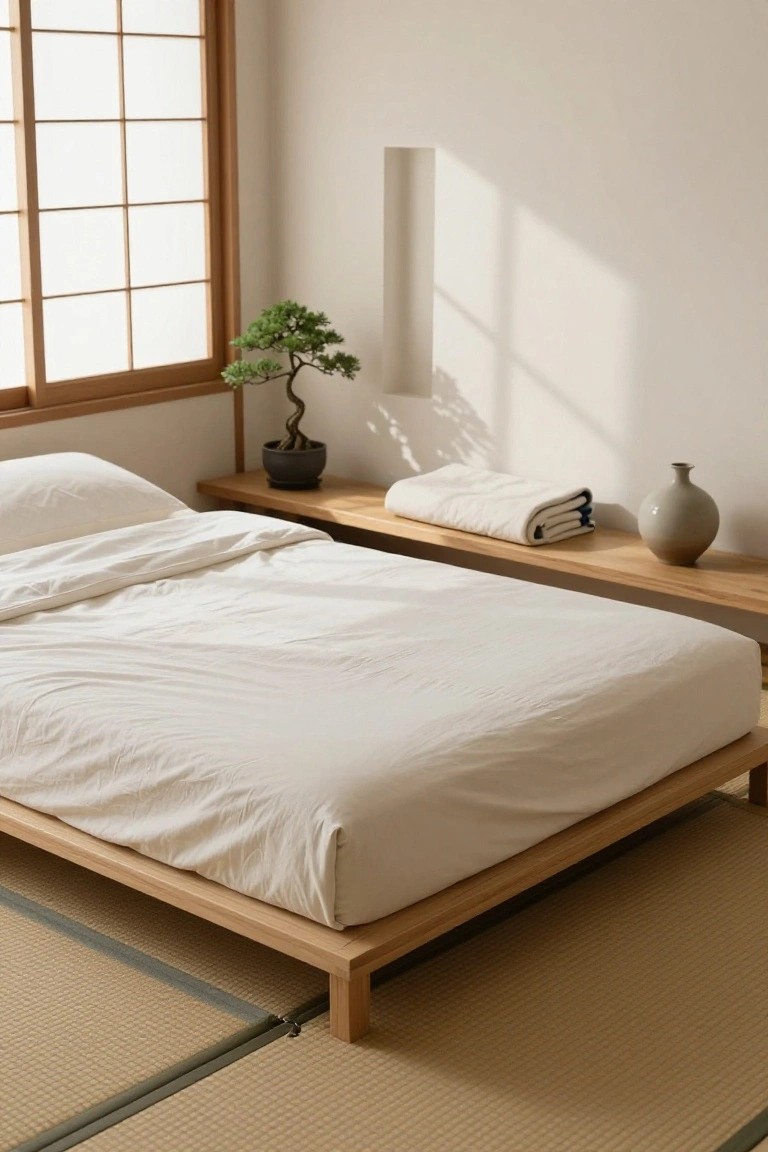Minimalist bedroom with low wooden platform bed without headboard, white rumpled sheets, wooden shelf holding bonsai tree in black pot, folded white towels, gray vase, and tall white lamp, tatami mat flooring, shoji window letting in soft light.
