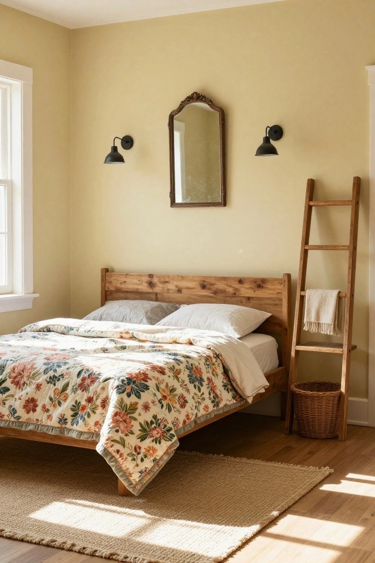 Sunlit bedroom with pale yellow walls, low wooden platform bed without headboard topped with floral quilt and white pillows, wooden ladder shelf holding towel and basket beside it, seagrass rug on hardwood floor.