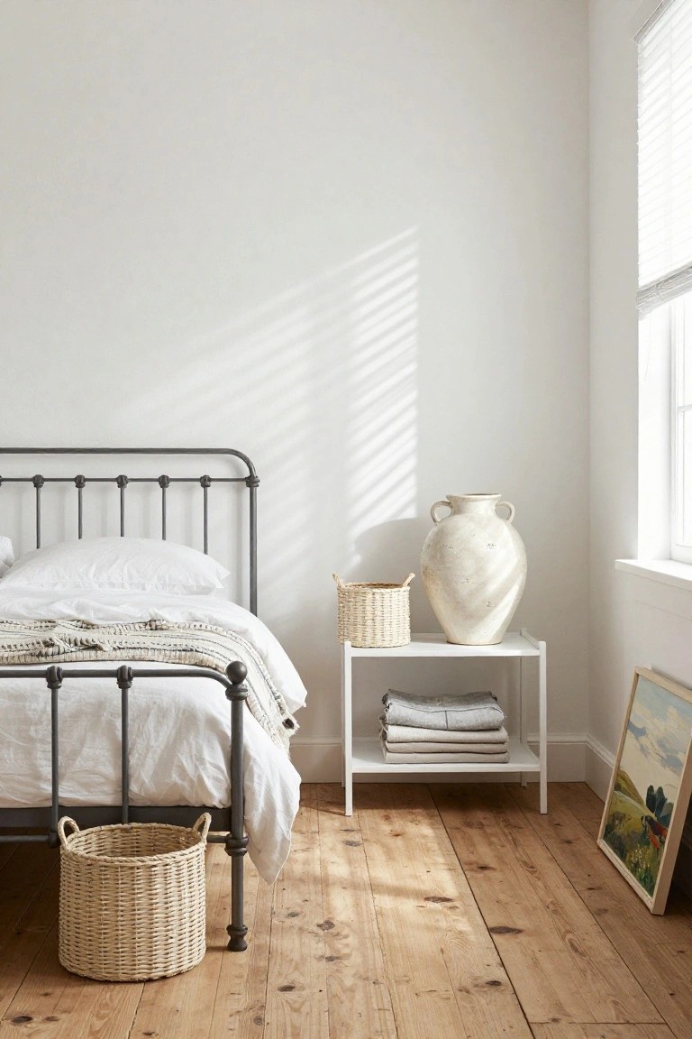 Gray metal bed frame without headboard against white wall in bedroom corner, with white linens and throw, two wicker baskets on floor, white nightstand holding large ceramic vase and stacked gray linens, small framed landscape painting leaning on wall, hardwood floors, and sunlight through window blinds.