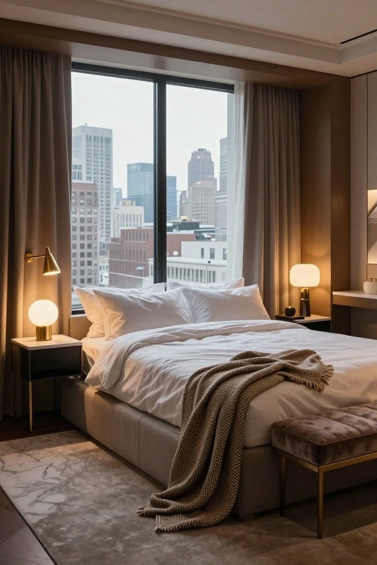 Modern bedroom with city skyline view, white linens, and warm lighting.