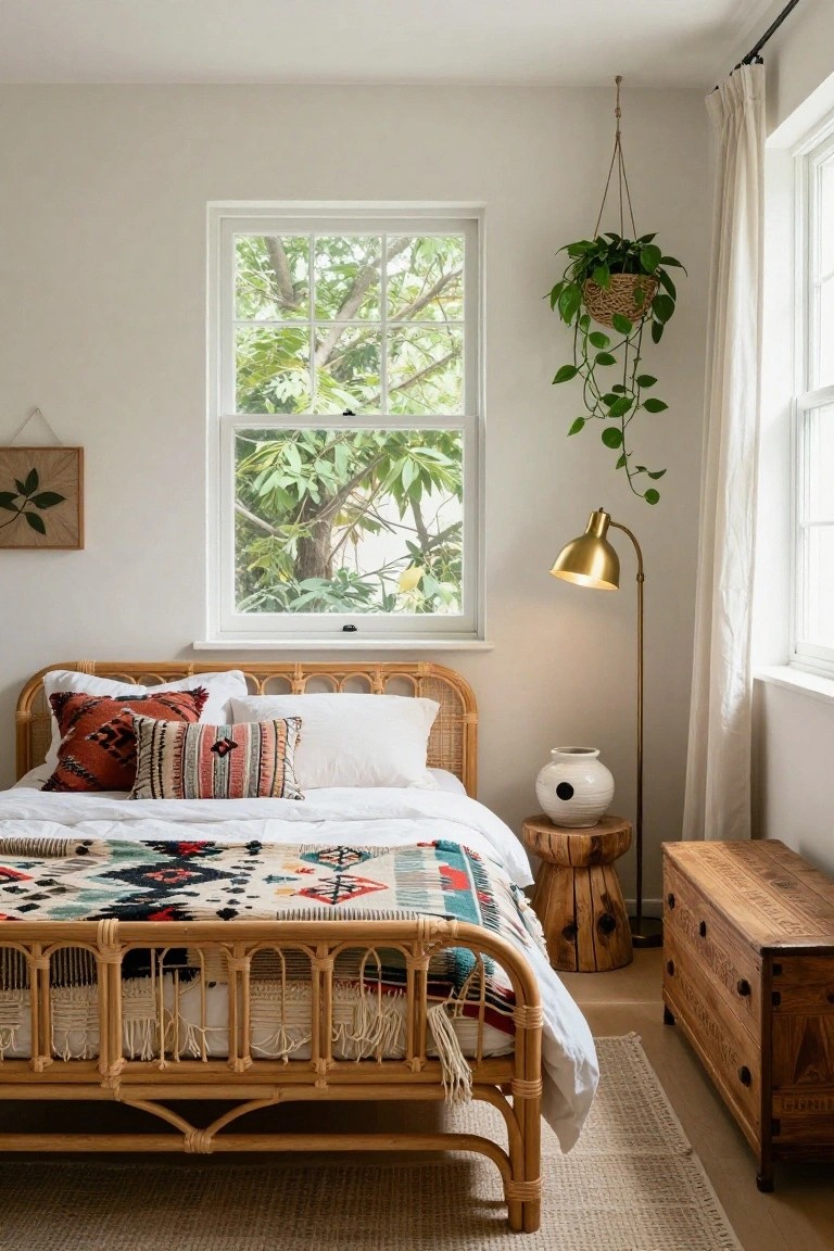 Bedroom with a light-toned rattan bed frame lacking a headboard, layered pillows and multicolored quilt on the bed, white walls, large window showing trees outside, hanging plant, gold arched floor lamp, white ceramic vase on wood stool, and wooden chest of drawers.