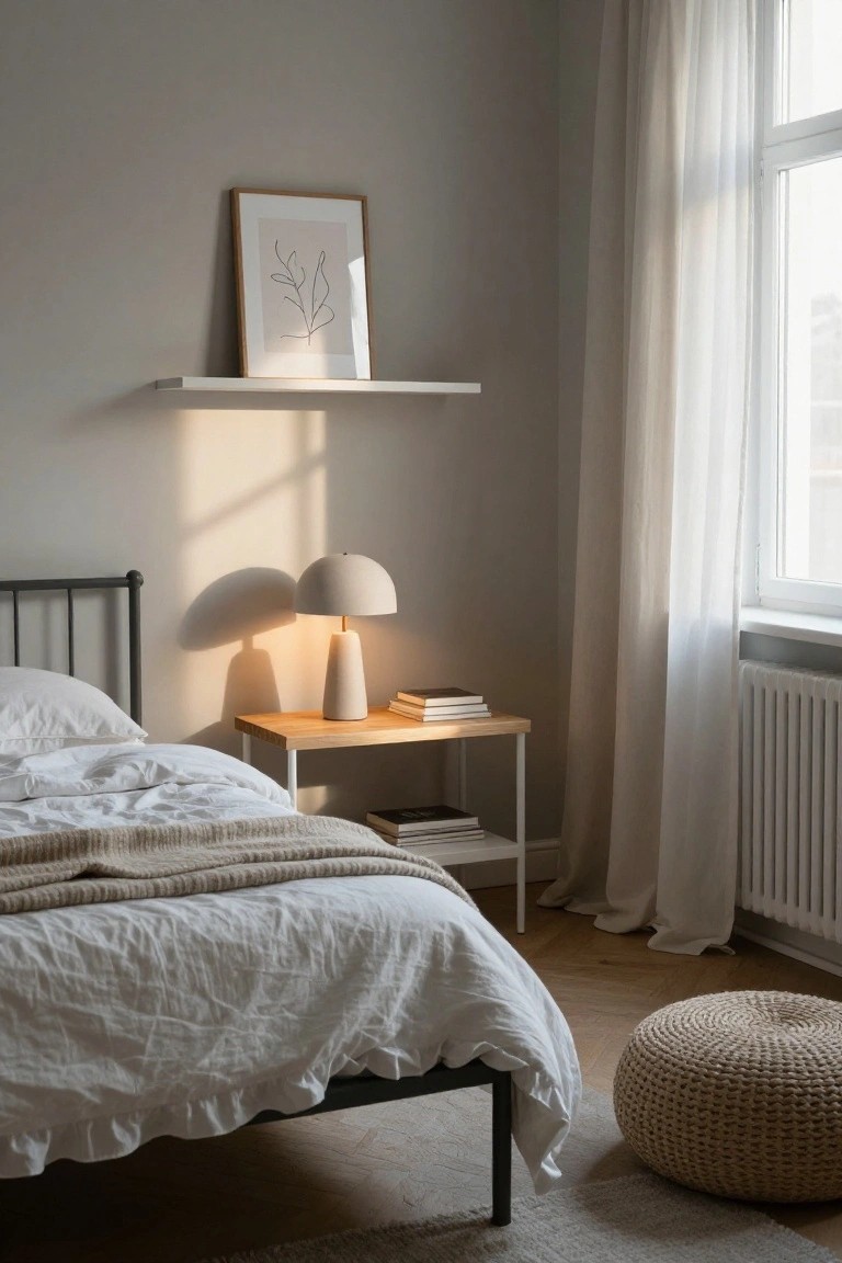 Corner view of a bedroom featuring a black metal bed frame without headboard, white rumpled sheets and beige throw, wooden nightstand with beige lamp and stacked books, floating white shelf with framed line drawing, large window with sheer white curtains and radiator below, woven pouf on herringbone wood floor.