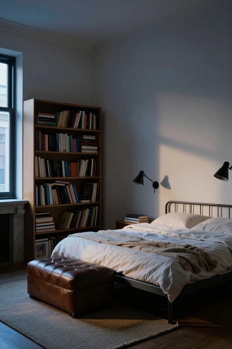 Sunlit bedroom with bookshelf, bed, brown leather ottoman, and wall lamps.