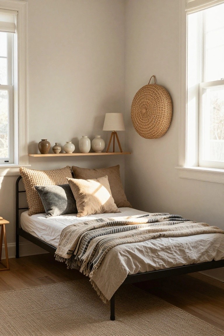 Sunlit corner of a neutral bedroom with black metal single bed frame without headboard, white sheets, layered beige and gray pillows and throws, floating wood shelf holding ceramic vases above bed, rattan wall hanging nearby, two windows with blinds, seagrass rug on hardwood floor.