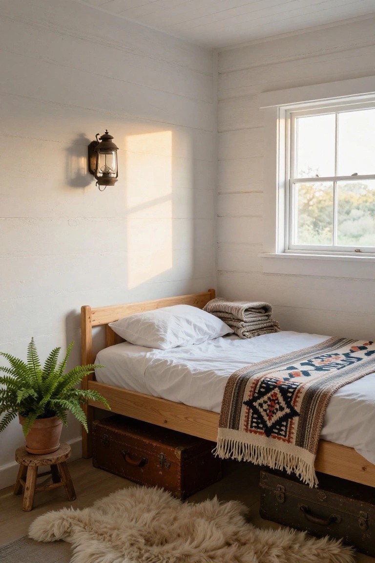 Bedroom corner featuring a low wooden bed frame without headboard against white shiplap wall, white bedding with colorful woven throw, stacked blankets, fern plant on stool, vintage suitcases under bed, and sheepskin rug on wooden floor with window light.