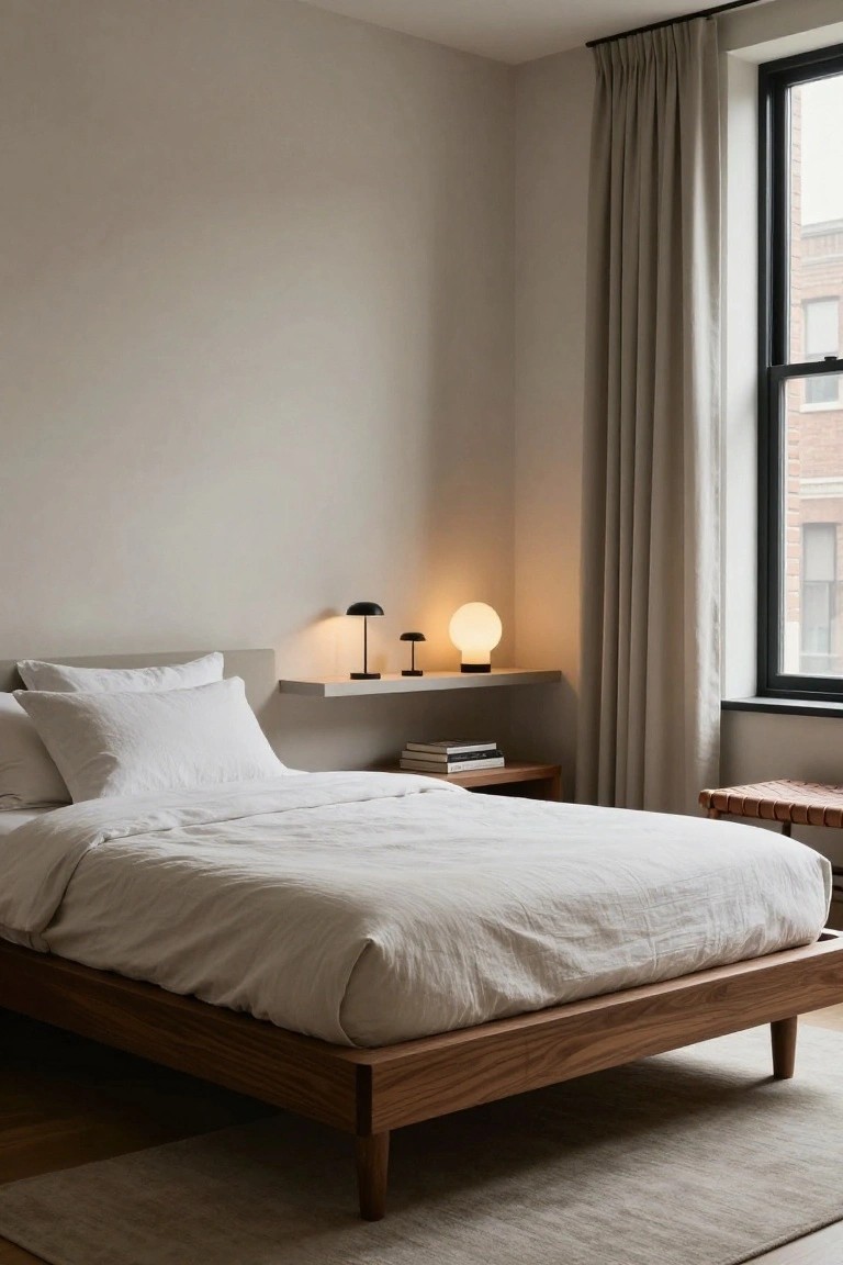 A bedroom with a low walnut wood bed frame on tapered legs, no headboard, white linen bedding, floating wall shelf with two lamps, side table with books, and beige curtains on a large window.