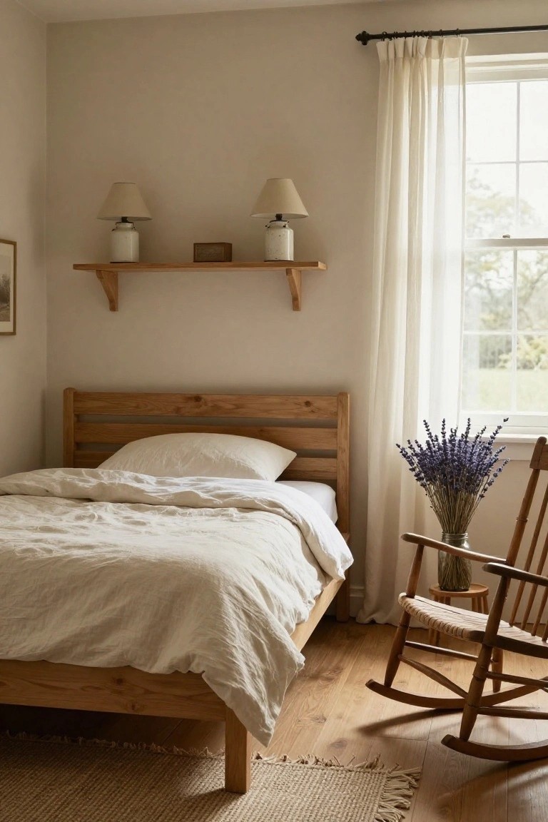 Cozy bedroom with simple wooden slat bed frame without headboard, white linen bedding, pair of ceramic lamps on wall shelf, lavender bouquet by window, and wicker rocking chair on wood floor.