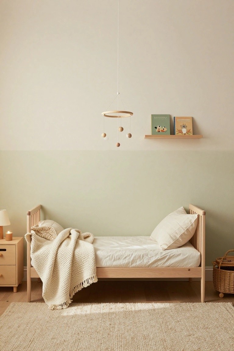 A low wooden toddler bed frame without a headboard, draped with a white knit throw and pillows, sits against a pale green wall in a nursery with wooden floating shelves holding children's books, a wooden mobile overhead, a bedside table with lamps, and a seagrass rug on wooden floors.