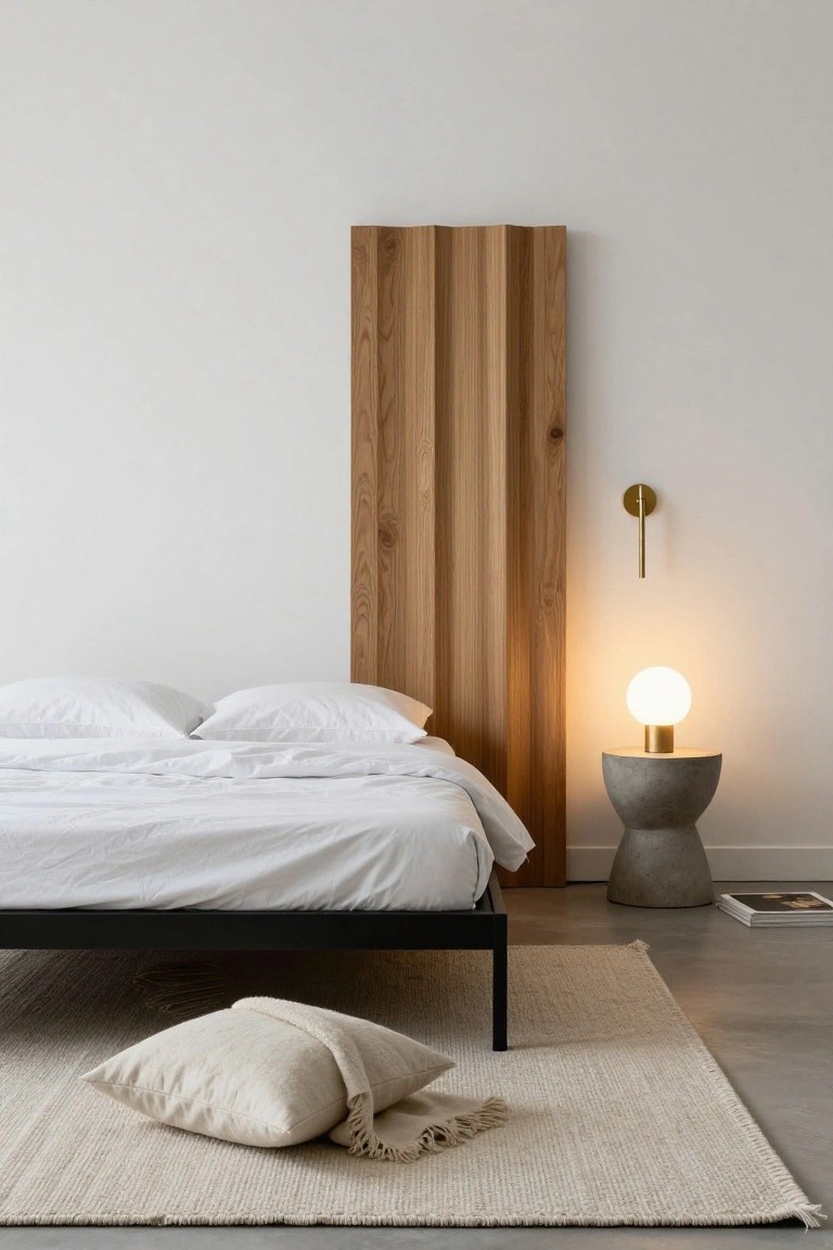 Bedroom interior showing a low black metal bed frame with white bedding placed against a tall vertical wooden slat panel on a white wall, with a concrete pedestal side table holding a globe lamp, a wall sconce, a beige floor pillow on a light rug, and a magazine on the floor.