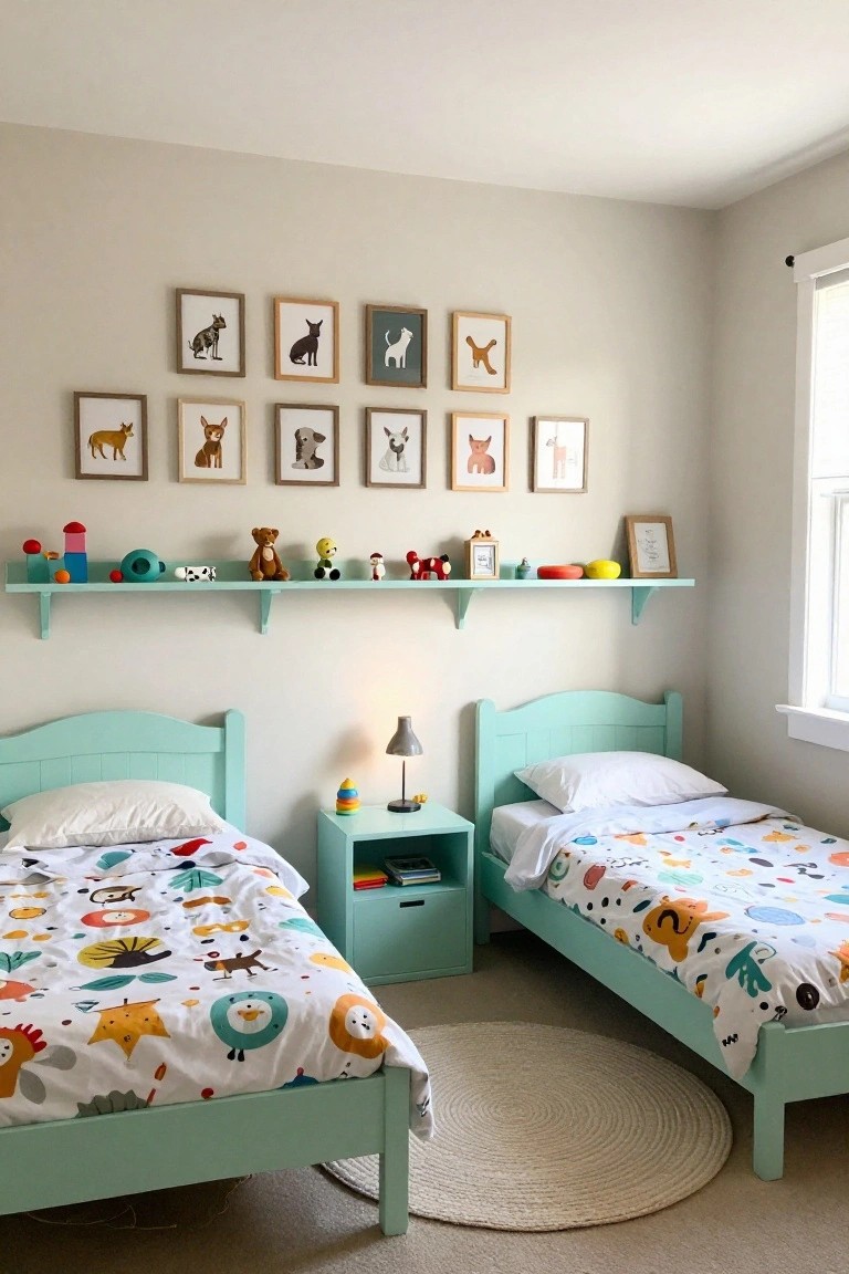Children's bedroom with two turquoise-painted wooden twin beds without headboards positioned side by side against a beige wall, framed animal prints arranged above the beds, turquoise shelves holding toys, and beds made with colorful patterned bedding.