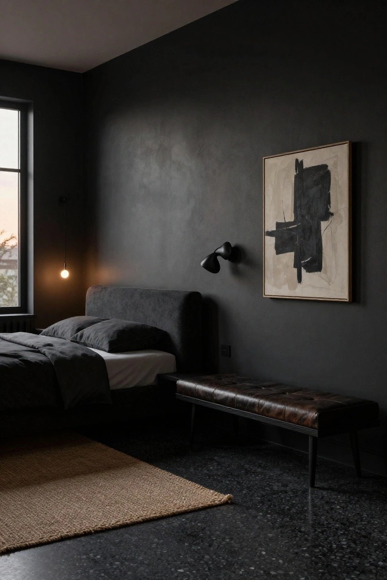 Dark bedroom interior with textured black walls, low gray upholstered platform bed, large abstract painting on wall, black wall lamp, brown leather bench at bed foot, beige seagrass rug, and black terrazzo floor.