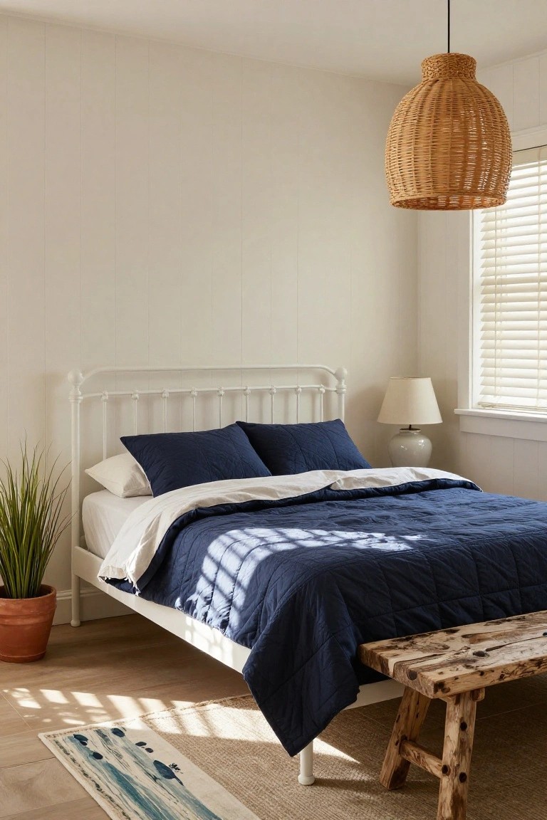 Bedroom interior with white metal bed frame without headboard, navy blue quilted bedding partially turned down, rattan pendant light, potted grass plant, white lamp on ceramic base, wooden bench at bed foot, light wood floor, white shiplap walls, and window blinds.