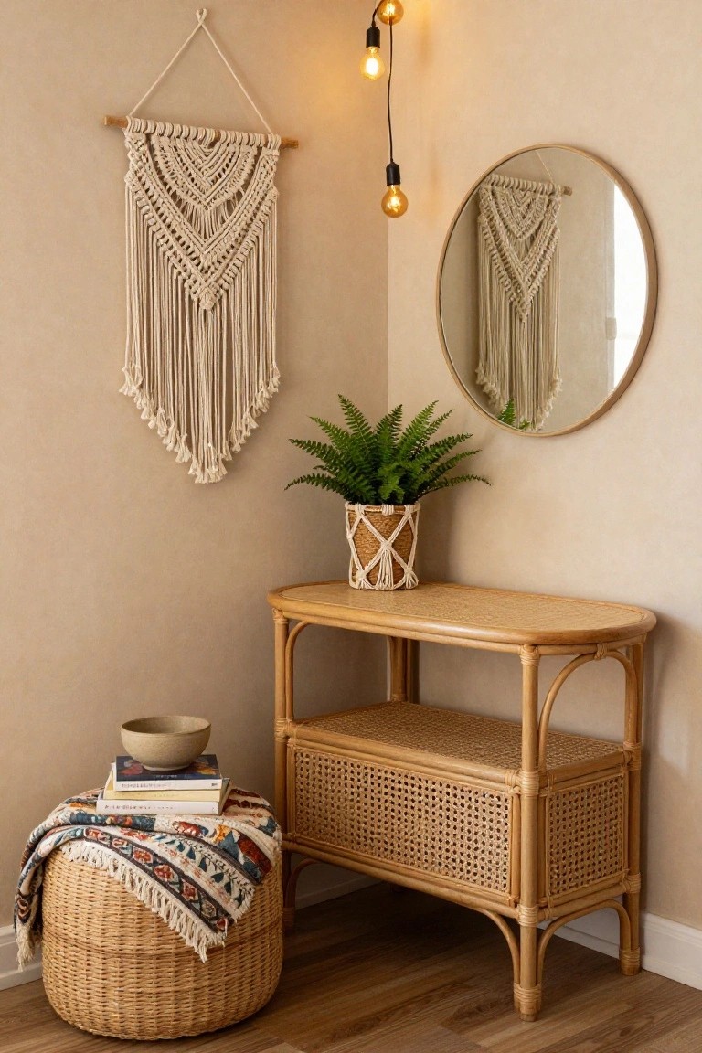 Bohemian corner with rattan console, macramé wall hangings, fern, and woven pouf.