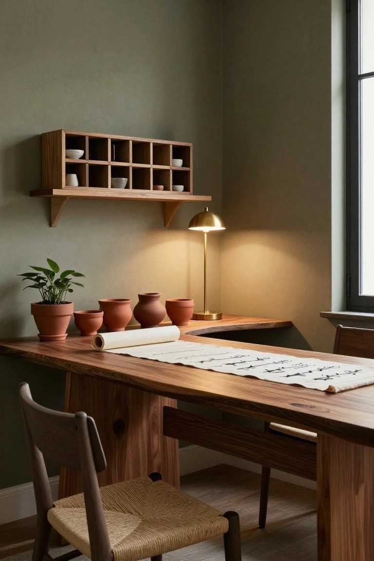A wooden corner desk positioned against a green wall with a floating wooden shelf above it, holding small ceramic bowls, a brass desk lamp on the desk, and several terracotta pots nearby.