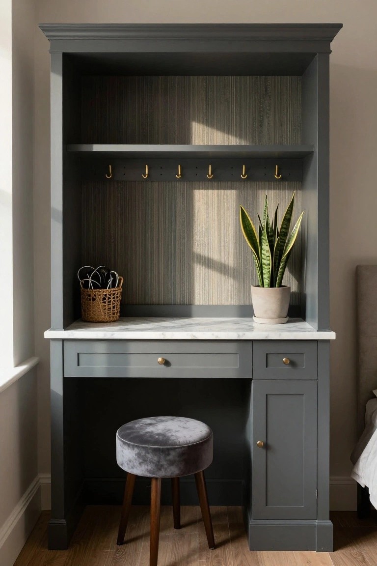 A gray built-in corner desk with hutch, marble top, hooks, velvet stool, basket, and potted snake plant.