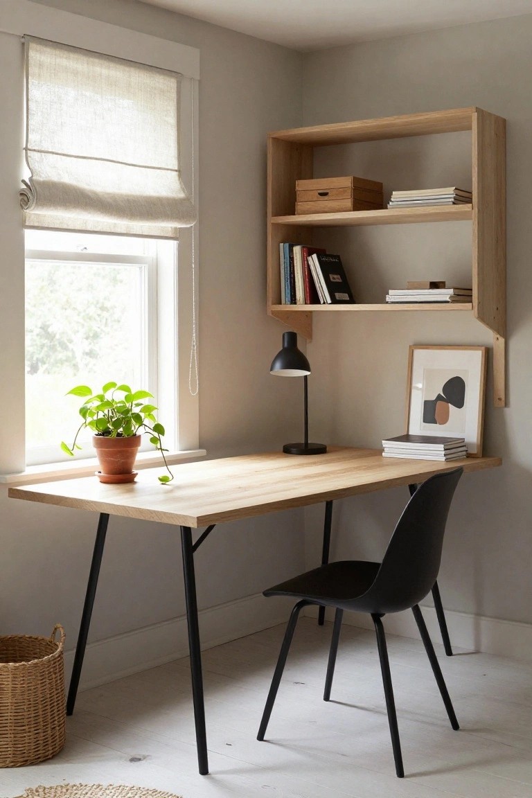 Minimalist light wood desk with black chair, plant, and wall shelves.