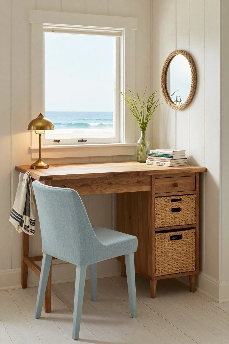 Coastal wooden desk with blue chair, ocean view, lamp, and woven baskets.