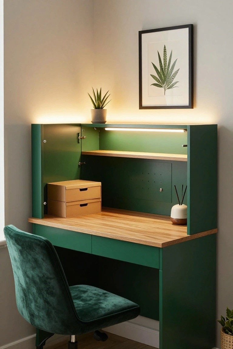 Modern green desk with wooden top, velvet chair, and backlit hutch.