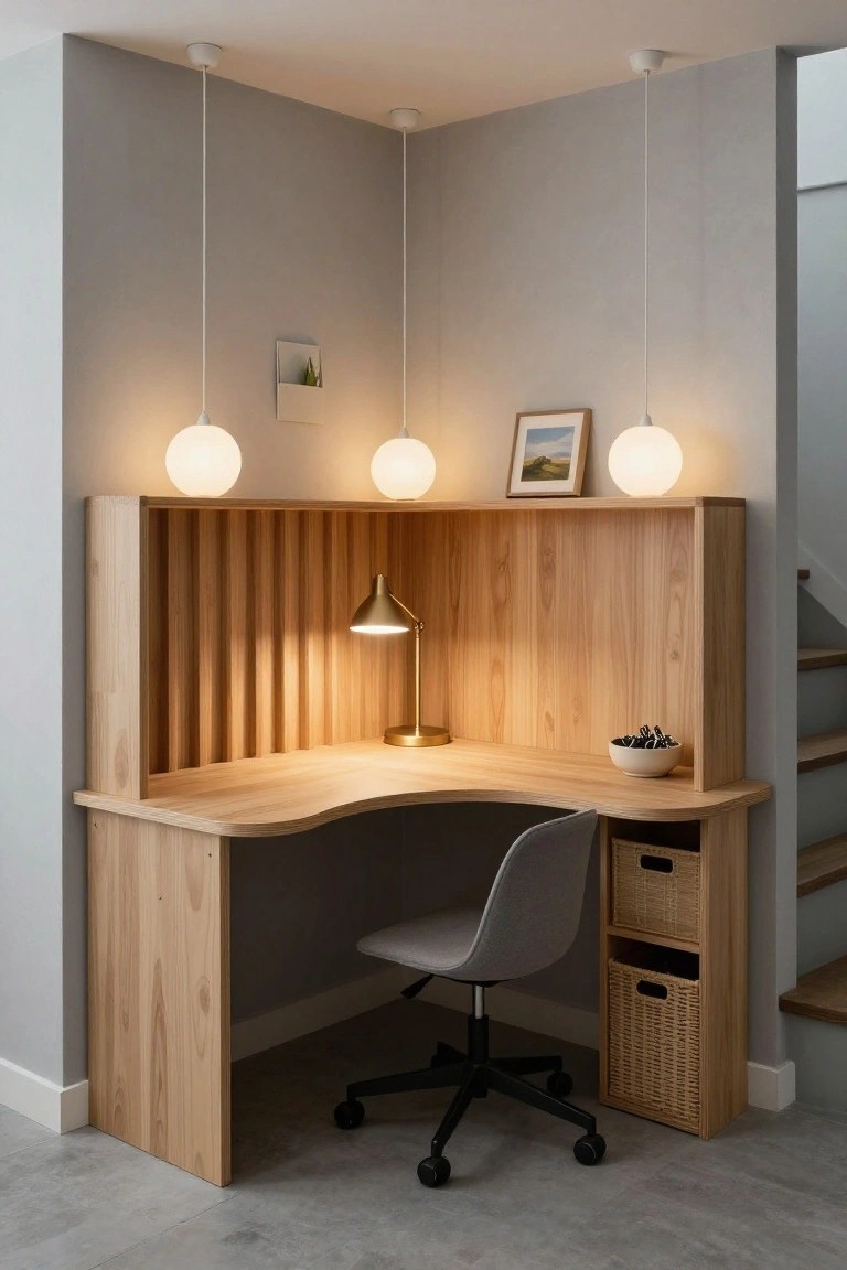 A light wood corner desk with a curved top fits into a gray alcove, accompanied by a gray office chair, woven baskets below, and three round pendant lights overhead.