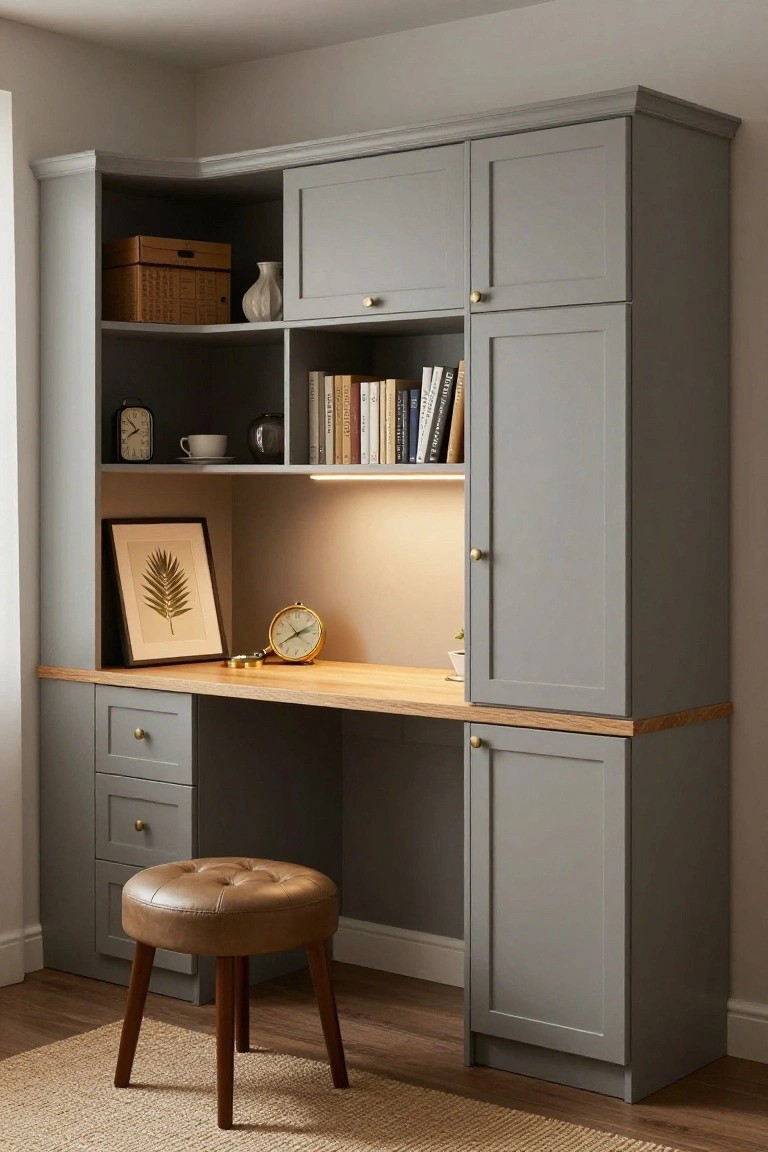 A compact corner desk with a light wood top, gray built-in cabinets and open shelves, and a brown upholstered stool in front.