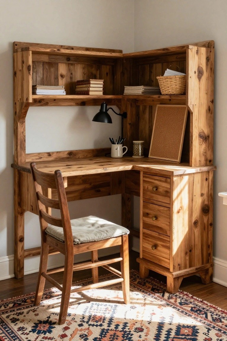 Rustic wooden corner desk with hutch, chair, and patterned rug in sunlight.