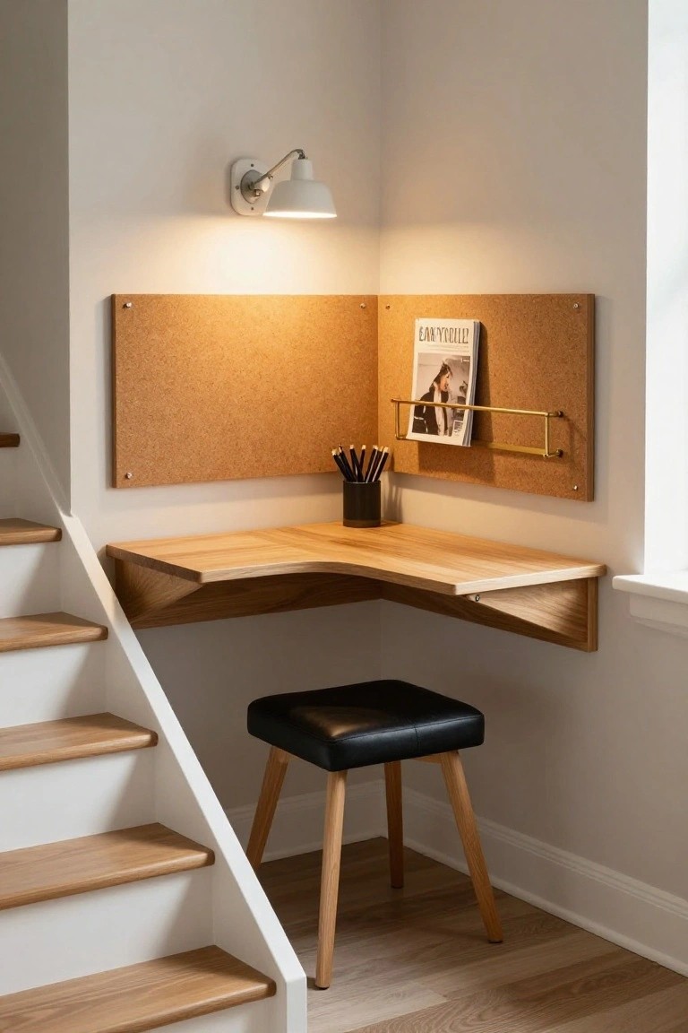 A wooden corner desk mounted under a staircase with a corkboard on the wall above it and a black stool in front.