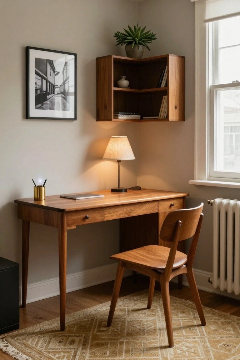 A wooden corner desk with a matching chair sits beneath a wooden corner cabinet that holds books and a potted plant.