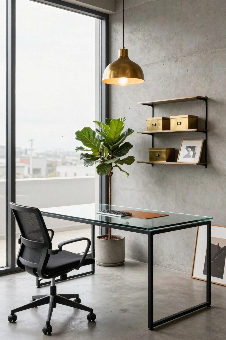 Modern home office with glass desk, black chair, and fiddle-leaf fig plant.