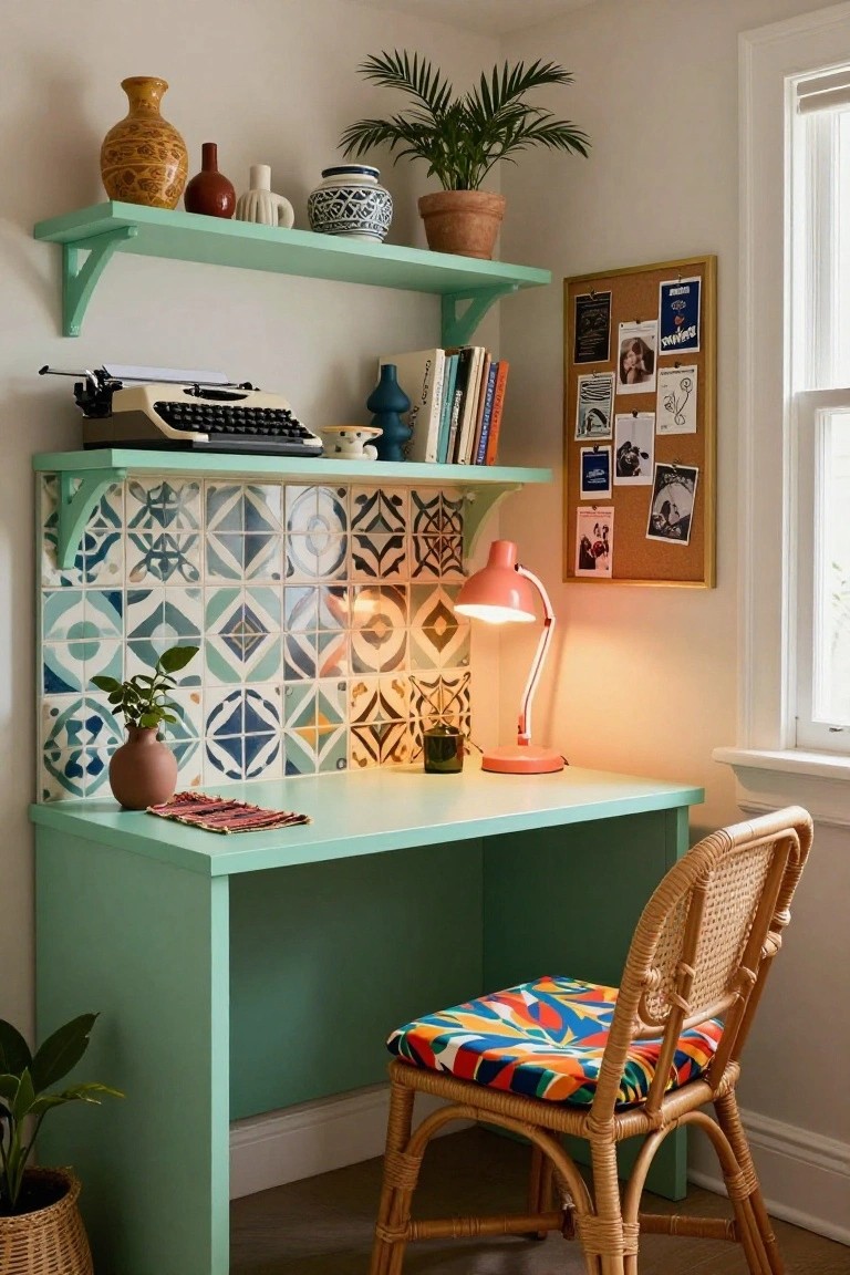 Mint-green desk with vintage typewriter, pink lamp, and patterned tile backsplash.