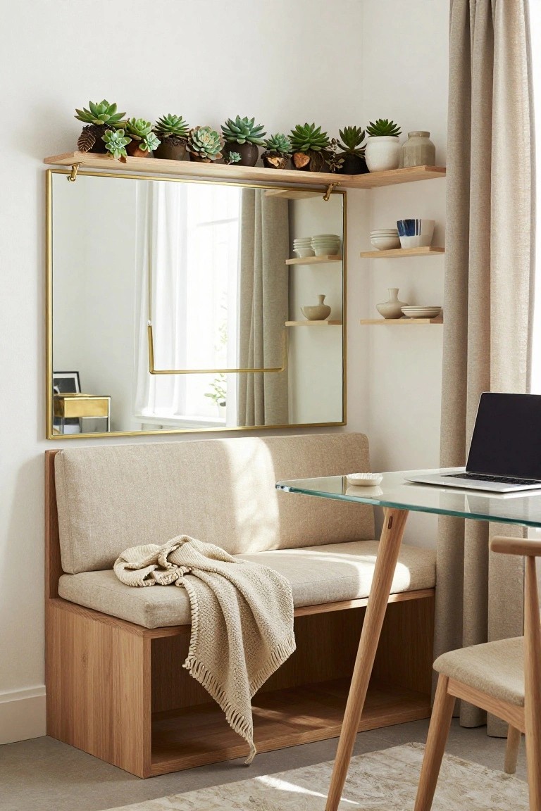 Modern dining nook with beige bench, floating shelves, succulents, and glass table.